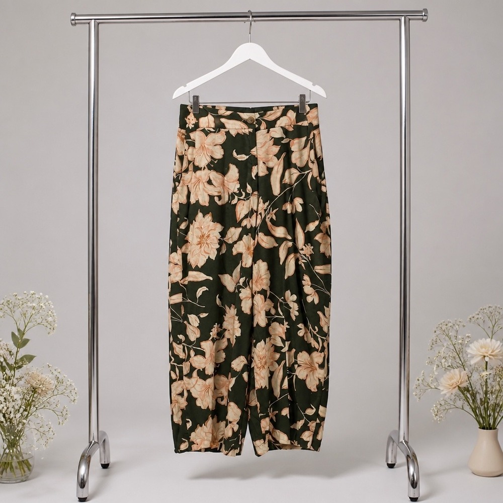 Mango MNG Floral Linen Blend Tapered Pants Green Peach XL High Waist Trousers